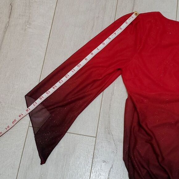 SARA MICHELLE BLOUSE, Sz S, RED SPARKLING, 3/4 SLEEVE, SCOOP NECK, POLYESTER - Picture 10 of 14